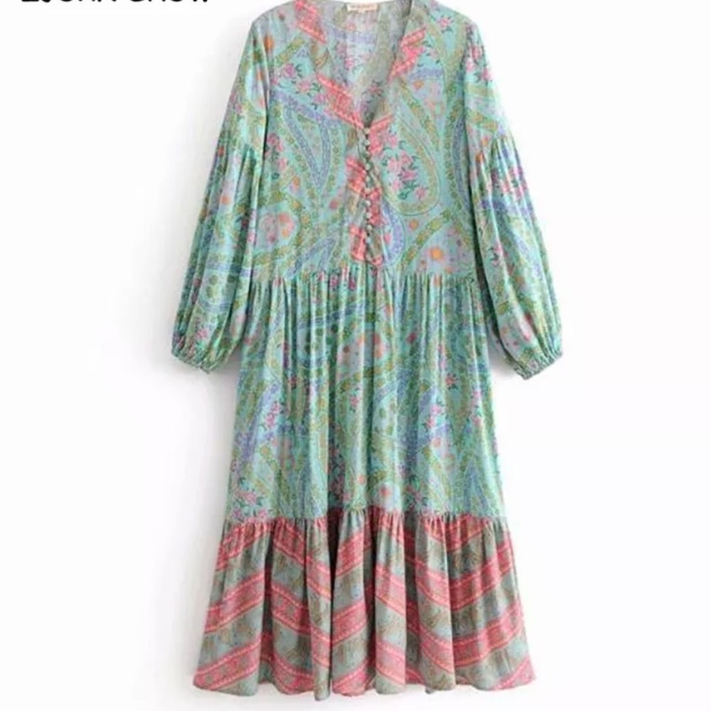 Boho Gypsy City Lights Celestial Gown Peasant Dress Green Long Sleeve Floral S